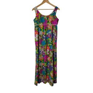 Vintage 60s Coco California Women M Maxi Dress Green Psychedelic Floral Mod Boho